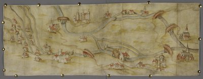 コットン MS オーガスタス 1 世 65 ノッティンガムとニューアークの間のトレント川とその支流の地図、1540 年頃 (紙にペンと水彩のインク) 作： English School