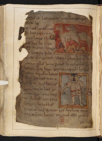 コットン MS Vitellius A XV f.101v、Beowulf、「Nowell Codex」から (羊皮紙にインク) 作： English School