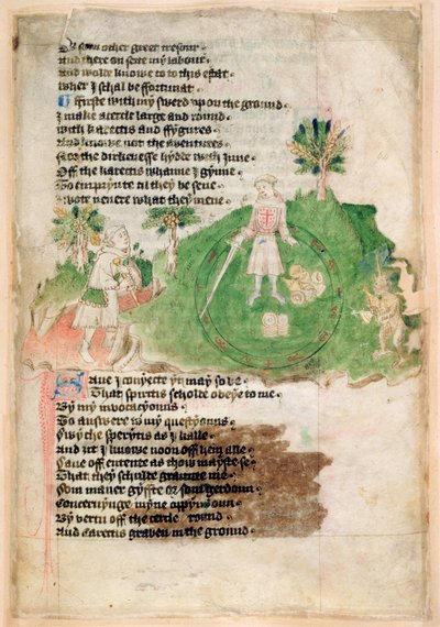 Cotton Ms Tiberius A vii fol.44 魔術師に宝物をもたらす悪魔 (ベラム) 作： English School