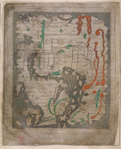 Cotton Tiberius B.V, Part 1, f.56v The Tiberius Map, Mappa Mundi (ベラム) 作： English School