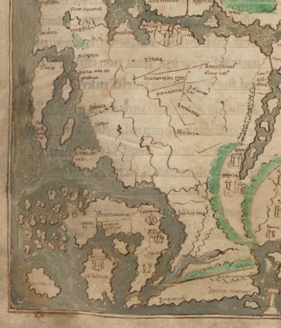 Cotton Tiberius B.V、パート 1、f.56v The Tiberius Map、Mappa Mundi、西ヨーロッパとイギリス諸島の詳細 (ベラム) 作： English School