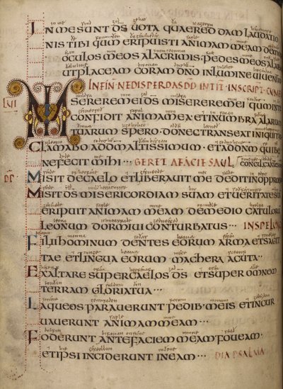 Cotton Vespasian A. I, f.55v Psalm 56 古英語の光沢とイニシャル MI の装飾 作： English School