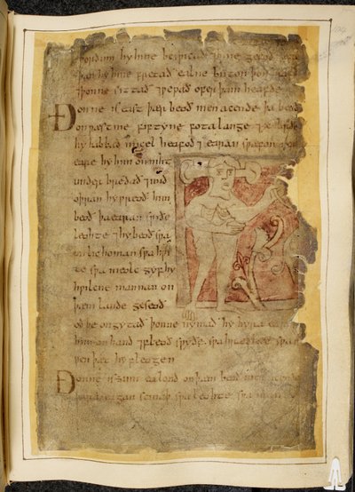Cotton Vitellius A. XV f.104r、パノティ、つまり、茎に突き出た耳を持ち、弓のように見える物体を持っている男性、ベオウルフのイラスト、「ノーウェルコーデックス」（羊皮紙のインク）から 作： English School