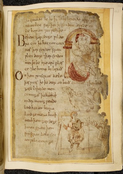 Cotton Vitellius A. XV f.106r、アーチの下のクッションに座っている男性。 犬のような口の開いた獣が 2 匹のカティーニ。 「ノウェル写本」（羊皮紙のインク）からのベオウルフのイラスト、杖を持ったローブを着た男が別の男に手を差し伸べる 作： English School
