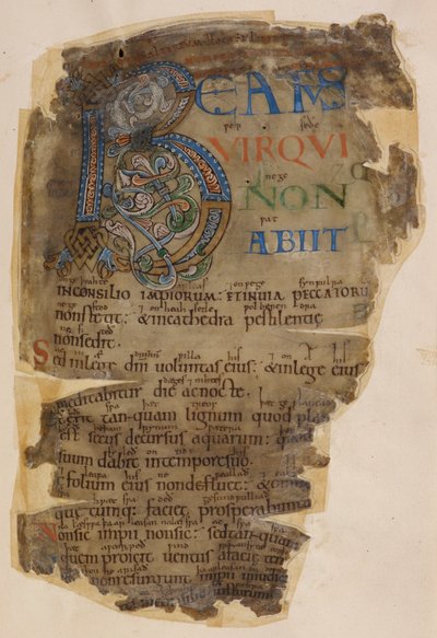 Cotton Vitellius E. XVIII f.18、Beowulf、「Codex membran」psalter (羊皮紙) の照らされたページ 作： English School
