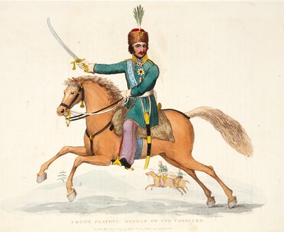 カウントプラトフ、コサックのヘットマン、パブ。 1816年、ウィリアムマッドフォード作「ワーテルローの戦いの歴史的記述」からの挿絵 作： English School