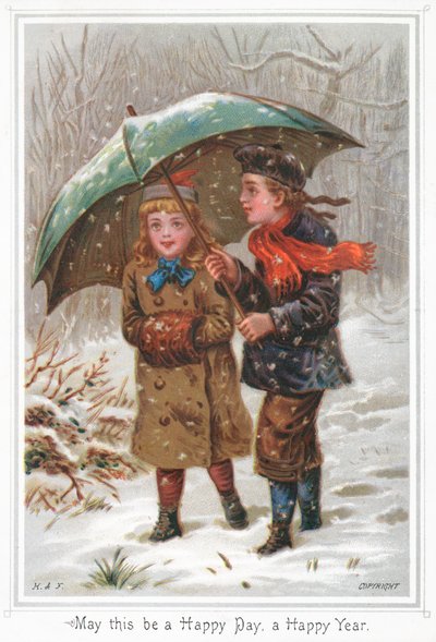 雪の中を歩くカップル、クリスマスカード 作： English School