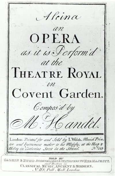 1735年に出版されたヘンデルのオペラ、アルチーナの楽譜の表紙 作： English School
