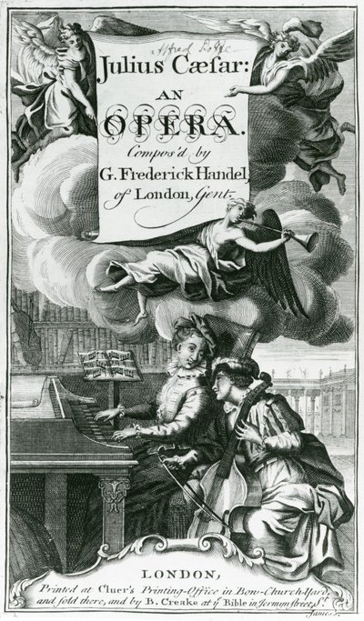 1724年に出版された、ヘンデルのオペラ「ジュリアスシーザー」の楽譜の表紙（彫刻）（bw写真） 作： English School