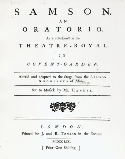 1759年に出版されたヘンデルのオラトリオ、サムソンの楽譜の表紙 作： English School