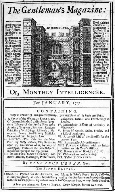 1731年1月に発行されたThe Gentlemans Magazineの初版の表紙 作： English School