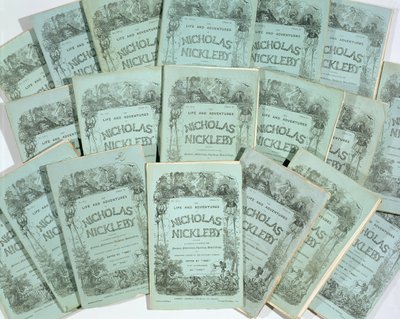 1839年に発行されたCharles Dickens（1812-70）による、Nicholas Nicklebyの人生と冒険の月刊誌のカバー（136075を参照） 作： English School