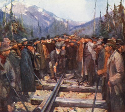 カナダ太平洋鉄道の最後のスパイクを打つクレイゲラキー（カラーリトグラフ） 作： English School