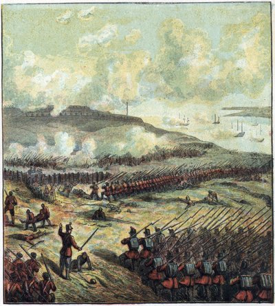 クリミー戦争（1853-1856）：1854年5月11日のインカーマン（Inkerman）の戦いで、ロシアとイギリス、フランス、トルコの連合軍が戦い、勝利した。インケルマンの戦い 作： English School