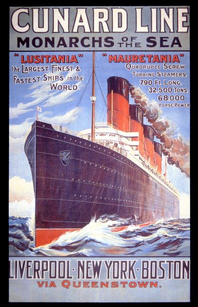 Cunard Line - Monarchs of Sea」、ルシタニア号とマウレタニア号のポスター 作： English School