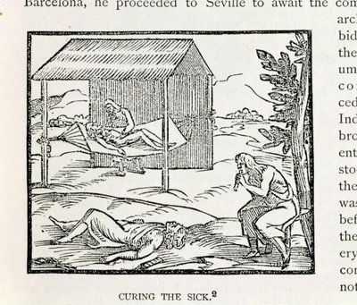 ヒスパニオラ原住民の病気を治す、「アメリカの物語と批評の歴史」、ジャスティンウィンザー編集、1886年 作： English School