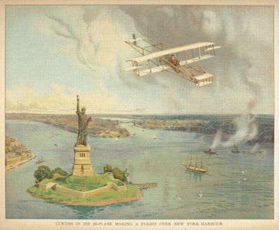 「複葉機に乗ってニューヨーク港の上空を飛行するカーチス。」小さな人々の飛行船の本。 ロンドン：アーネスト・ニスター、[1912] 作： English School