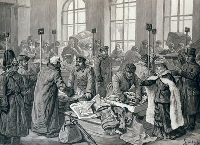 1887年1月29日の &39;The Illustrated London News&39;のロシアフロンティアにあるヴィルバレンでのドイツからの乗客の荷物を調べる税関職員 作： English School