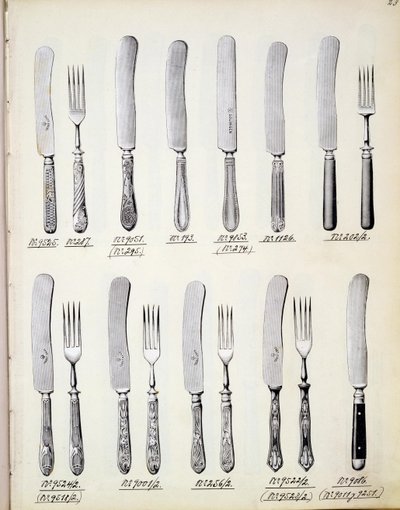 カトラリーのデザイン、国産品と付属品の貿易カタログから、c.1890-1910 作： English School
