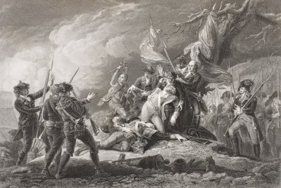 1775年に出版された「歴史的肖像画のギャラリー」からの1775年のケベックの戦いでのモンゴメリー将軍の死 作： English School
