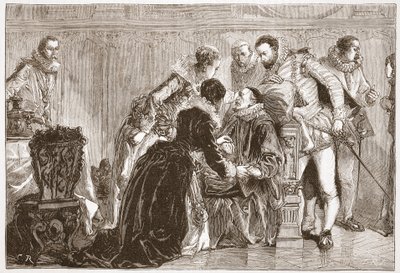 ジェームズ・エイトケン・ワイリー（1808-1890）による「プロテスタントの歴史」からのイラスト、ウィリアム・ザ・サイレント、オレンジ王子の死、パブ。 1878年（彫刻） 作： English School