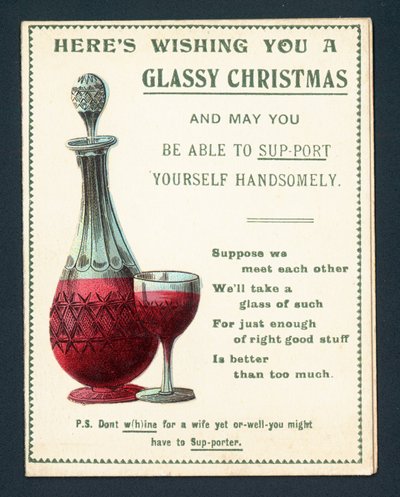 デカンターと赤ワインのグラス、クリスマスカード 作： English School