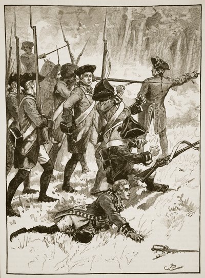 1755年、インドの待ち伏せでのブラドック将軍の敗北、カッセルズイラストレイテッドイングランドオブイングランドのイラスト（セピア写真） 作： English School
