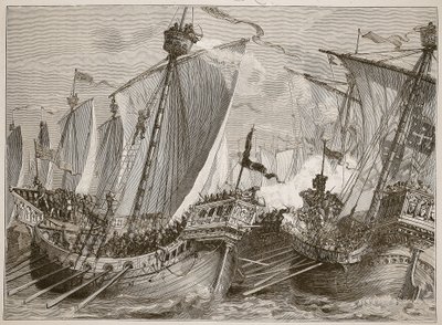 イギリス海峡におけるフランス艦隊の敗北、カッセルズイラストレイテッドイングランドオブイングランドのイラスト（セピア写真） 作： English School