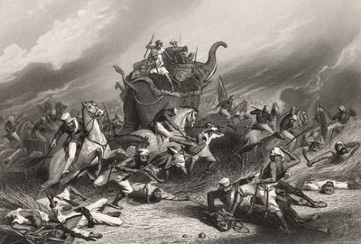 1858年に出版された「インディアン反乱の歴史」による、1858年4月1日のローズ将軍によるジャンシの前のパイシュワス軍の敗北 作： English School