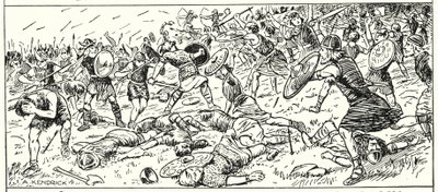 AD500年、サマセット州マウント・ブドンでの西サクソン人の敗北（リトグラフ 作： English School