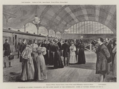 ヴィルヘルミナ王妃とオランダ王妃摂政の出発、5月9日ヴィクトリア駅での光景（リトグラフ 作： English School