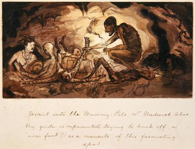 ミイラの穴への降下、メディーネット・アブー付近、1880年頃（ペン＆インク＆ウォッシュ） 作： English School