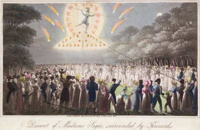 花火に囲まれたマダム・サキの降下、トーマス・ケリー（fl.1820-55）の出版物、ロンドン 作： English School