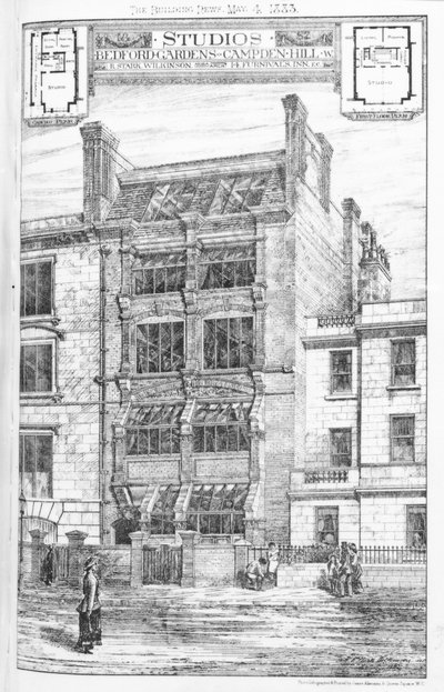 1883年5月4日の「The Building News」より、ロンドンのカムデンヒルにあるベッドフォードガーデンのスタジオのデザイン 作： English School