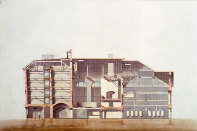 スタッグブリューハウスのデザイン、ジョージサンダースのオフィスからのオリジナルの原稿、c.1807（鉛筆、トイレ、ペン、紙にインク） 作： English School