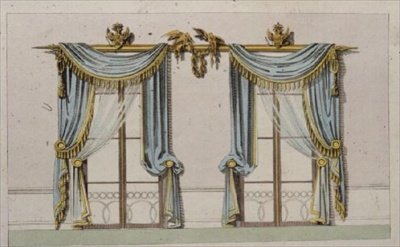 窓のカーテンのデザイン、アッカーマンの芸術のリポジトリ（1814年発行）のプレート64（カラーリトグラフ 作： English School