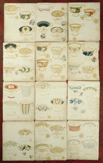 ダニエルファクトリー、スタフォードシャー、c.1845で生産された茶碗のデザイン（ガッシュ、トイレ、紙にインク） 作： English School