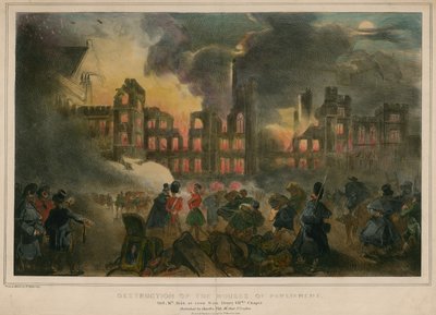 ヘンリー8世の礼拝堂から見た、1834年10月16日の国会議事堂の火災による破壊 作： English School