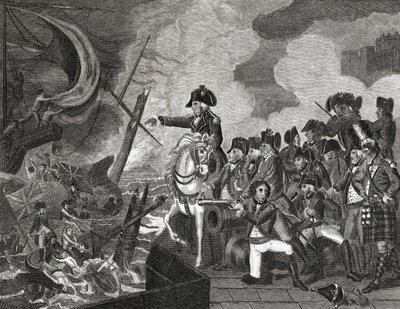 1816年にH.Cookによって刻まれた、ジブラルタル前の砲艦の破壊 作： English School