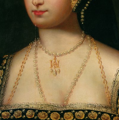 アン・ブーリン（1504-36）の肖像画の詳細（1533年頃）（キャンバスに油彩） 作： English School