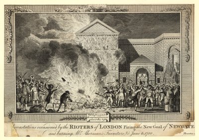 1780年6月6日、ロンドンの暴徒がニューゲートの新刑務所を発砲し、アーケルマンス氏の家具を燃やしたことによる荒廃 作： English School