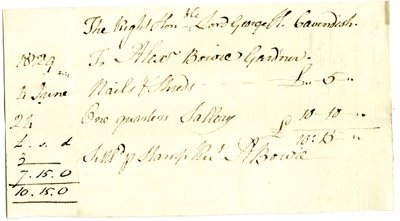 Devonshire MSS AS 3101, folio, Pinder SimpsonがLord George Cavendishのために決済した請求書の束から、Alexander Bowieの請求書を含む。 作： English School