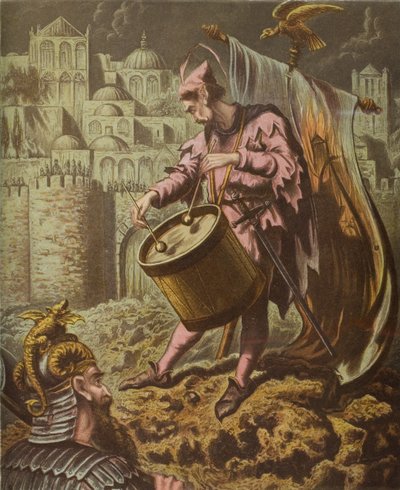 マンスールの壁の前のディアボラスのドラマー、ジョン・バニヤンの「聖戦」（1628-88）のイラスト 作： English School