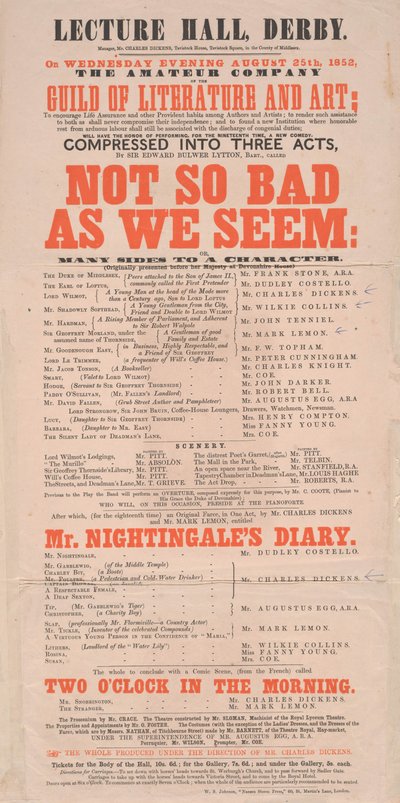 ディケンズのビラ：1852年8月25日のプログラム、ダービーのレクチャーホールで見られるほど悪くない 作： English School