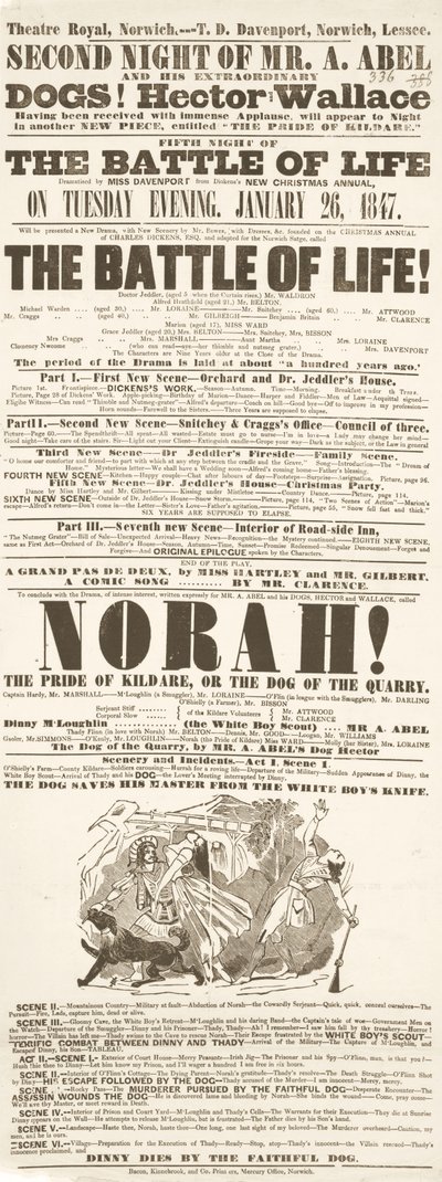 ディケンズのビラ：1847年1月26日、ノリッジのシアターロイヤルでの生命の戦い 作： English School