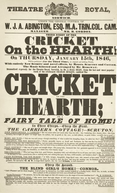 ディケンズプレイビル：1846年1月15日、ダービーのシアターロイヤルでの囲炉裏のクリケット 作： English School