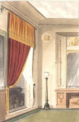 ダイニングルームの窓のカーテンとサイドボード、1809年から28年にかけて発行された「アッカーマンの芸術のリポジトリ」のプレート86（カラーリトグラフ）。 作： English School