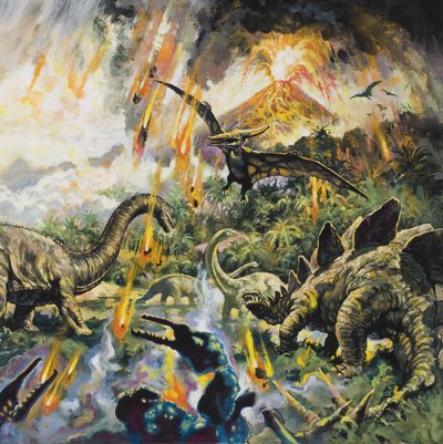 恐竜と火山（紙にガッシュ） 作： English School