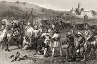 1857年に発行された「インディアン反乱の歴史」からの1857年のバーハンポアでの第11不規則騎兵の武装解除 作： English School
