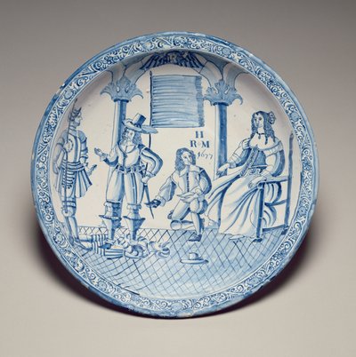 キャサリン女王がひざまずいたキャバリエに靴をはめた料理、1677年（すりガラス製の陶器） 作： English School